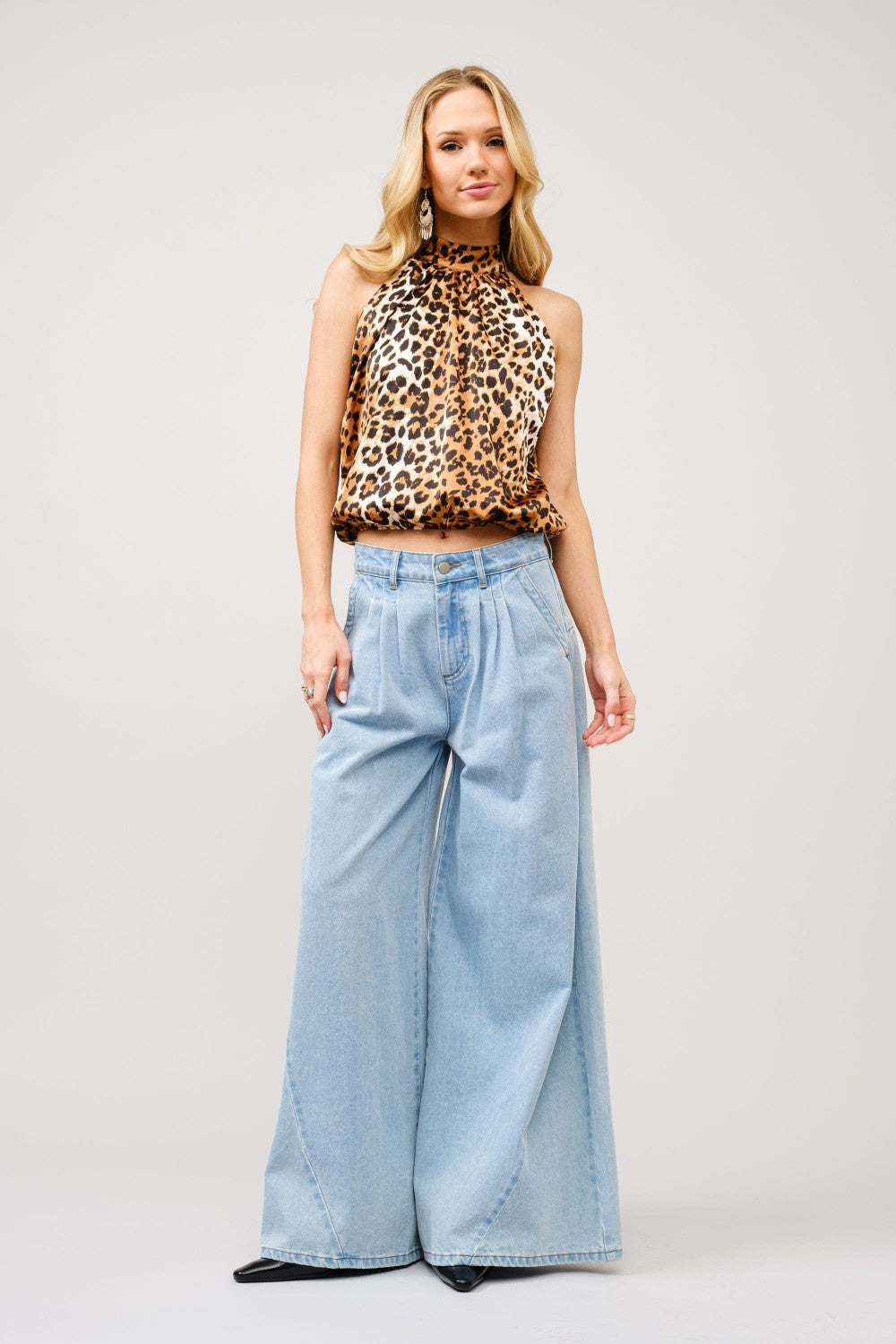Satin Leopard Mock Neck Halter Top by Blue B