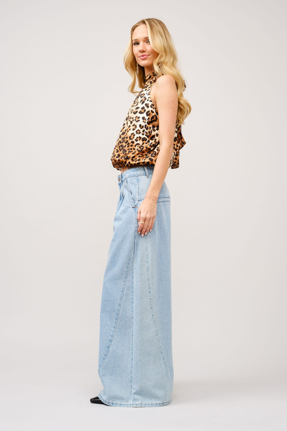 Satin Leopard Mock Neck Halter Top by Blue B