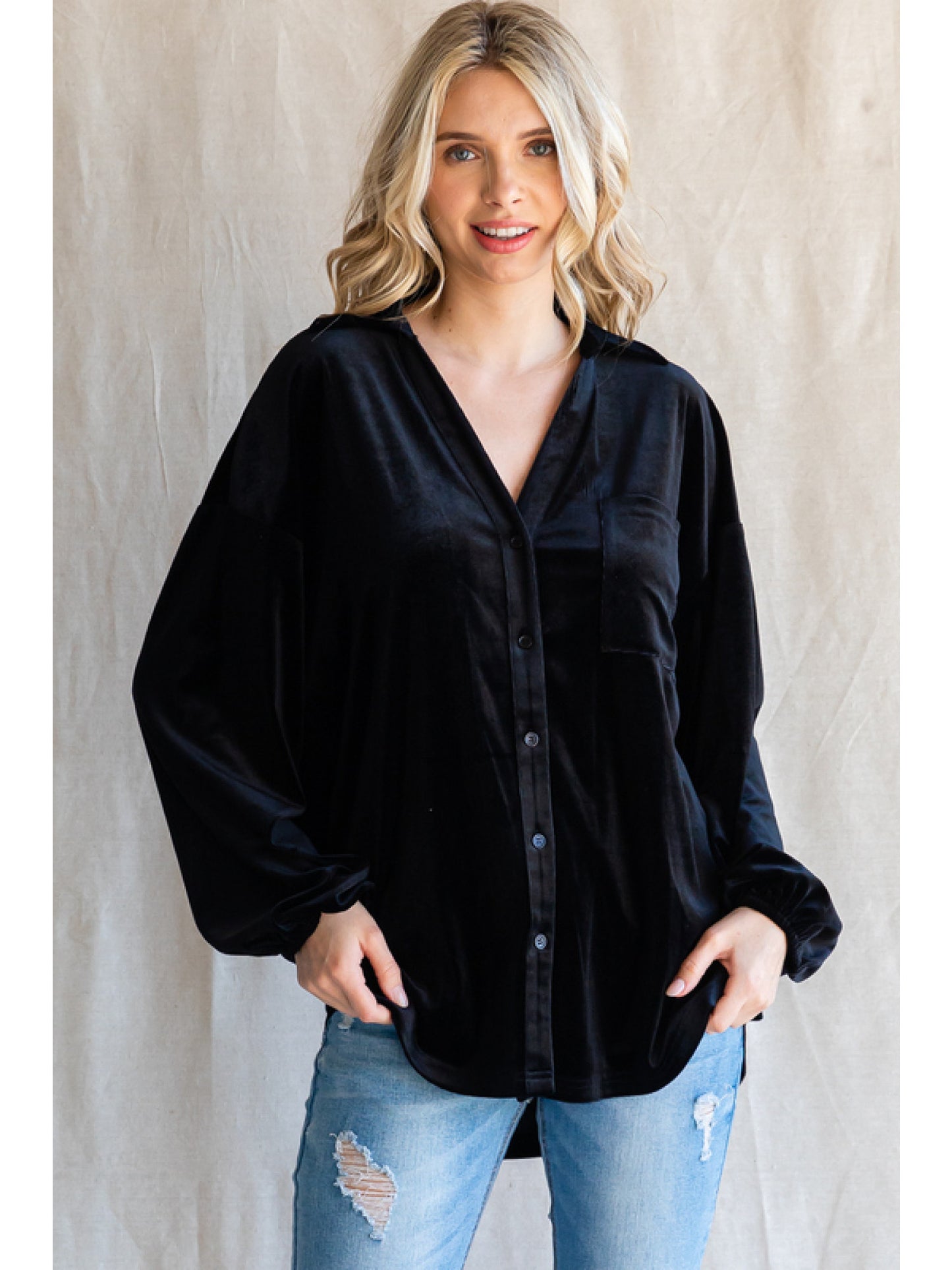 V Neck Drop Shoulder Velvet Top by Jodifl