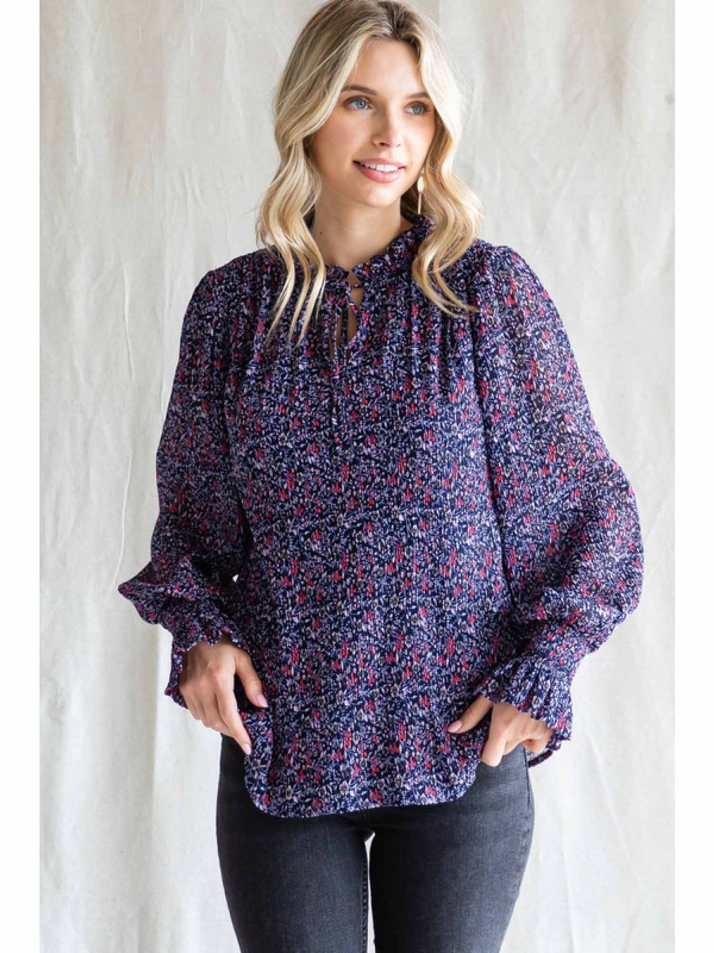 Chiffon Navy Textured Print Top by Jodifl