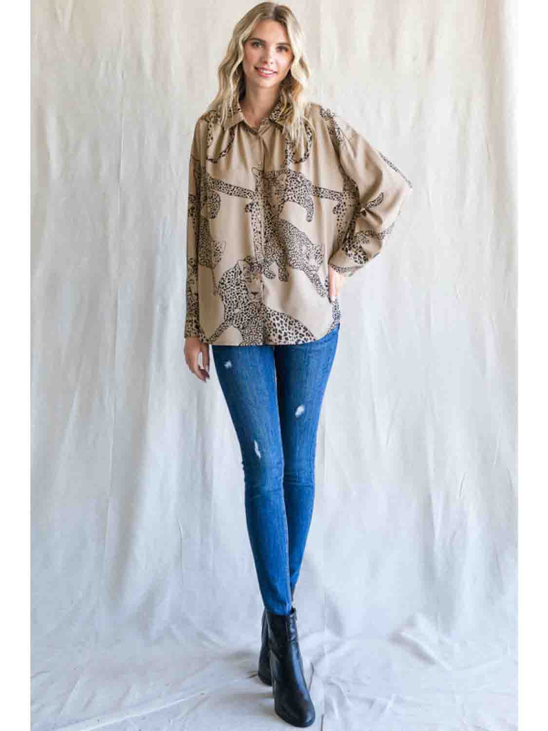 Satin Animal Print Long Dolman Sleeve Top Plus