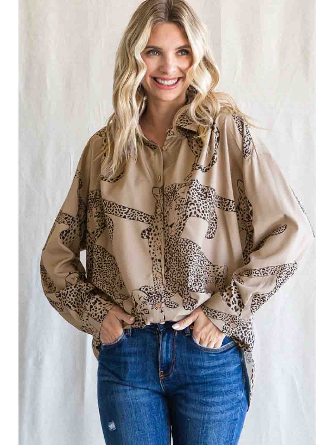 Satin Animal Print Long Dolman Sleeve Top Plus