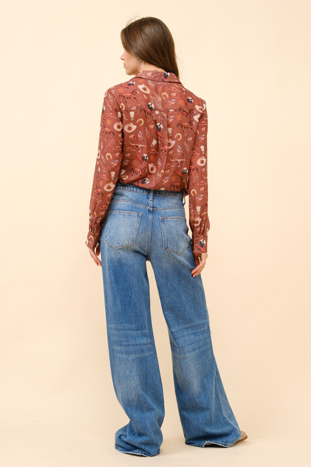 Western Print Chiffon Button Up Blouse by Blue B