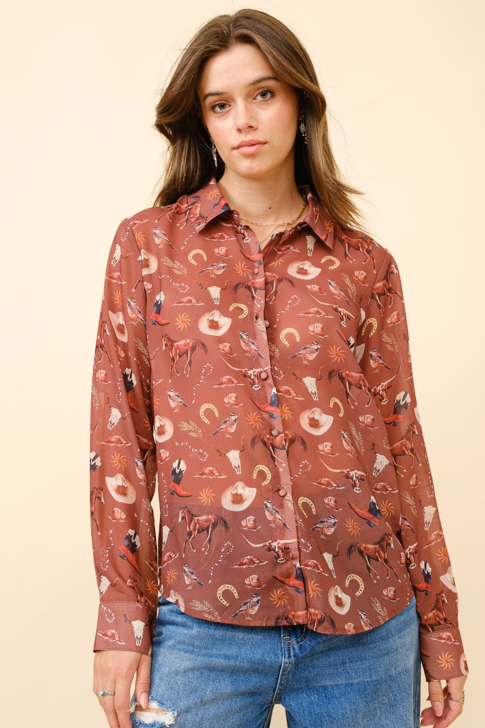 Western Print Chiffon Button Up Blouse by Blue B