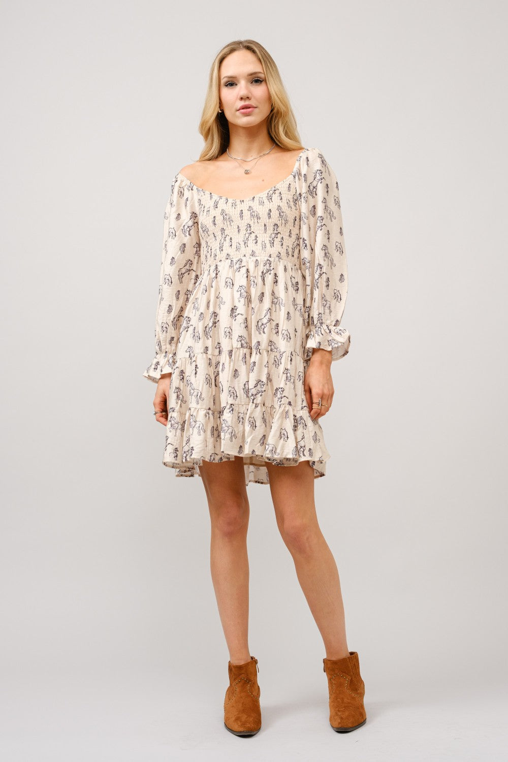 Horse Print Puff Sleeve Tiered Mini Dress by Blue B