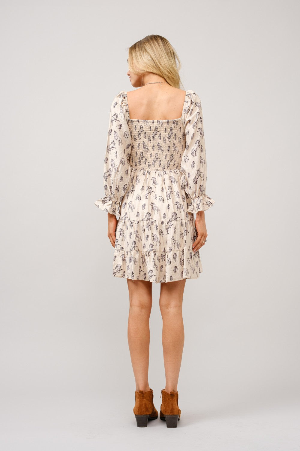 Horse Print Puff Sleeve Tiered Mini Dress by Blue B
