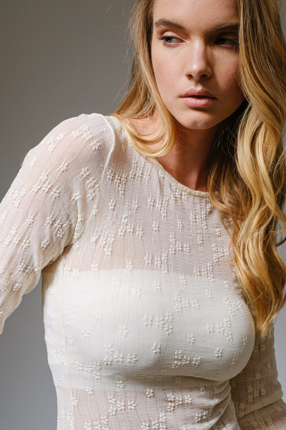 Sheer Floral Mesh Round Neck Top in Off White by Blue B