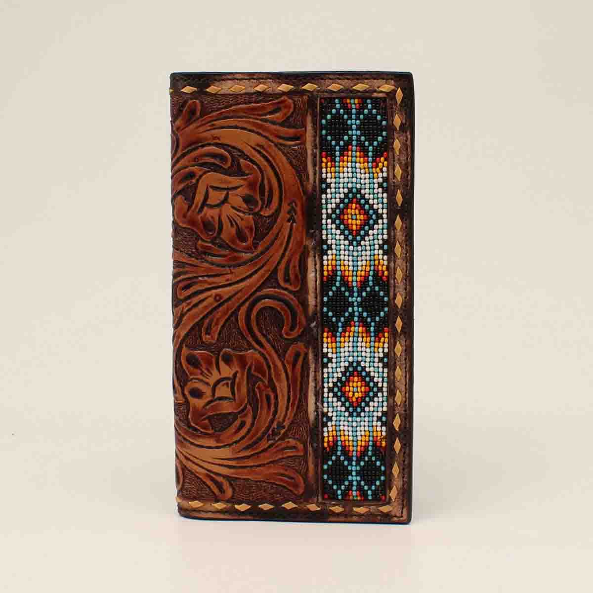 3D Men's Floral Tooled Bead Inlay Rodeo Tan Wallet