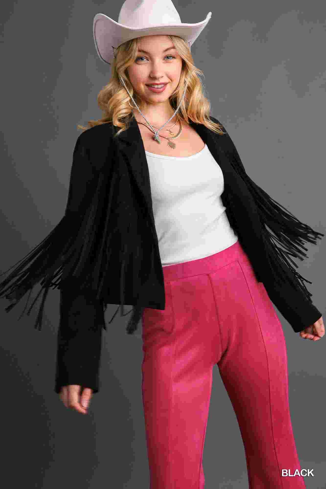 Faux Suede Open Front Jacket with Fringe by Umgee