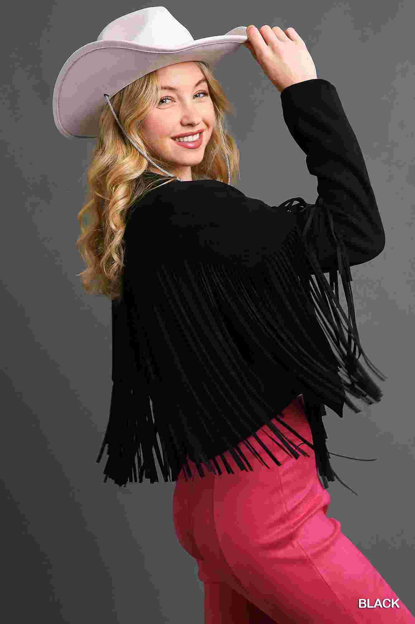 Faux Suede Open Front Jacket with Fringe by Umgee