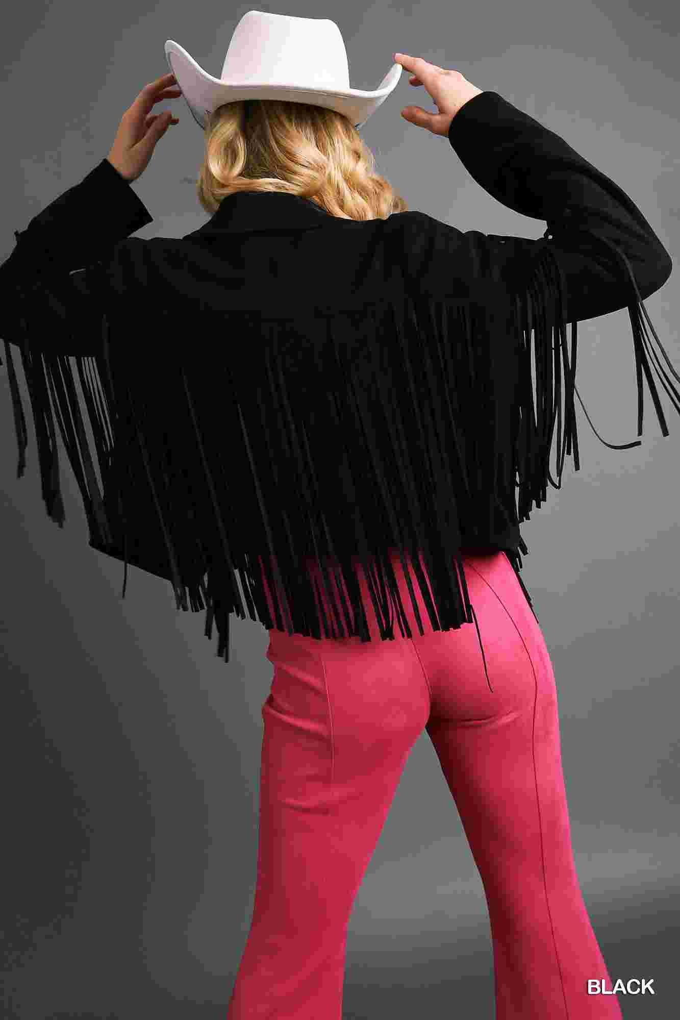 Faux Suede Open Front Jacket with Fringe by Umgee