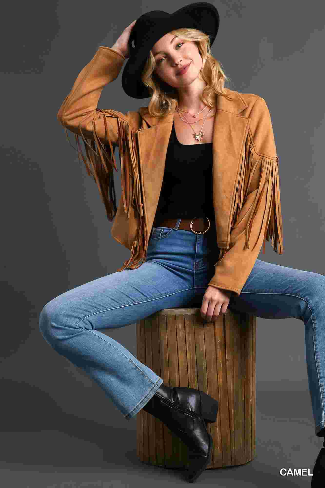 Faux Suede Open Front Jacket with Fringe by Umgee