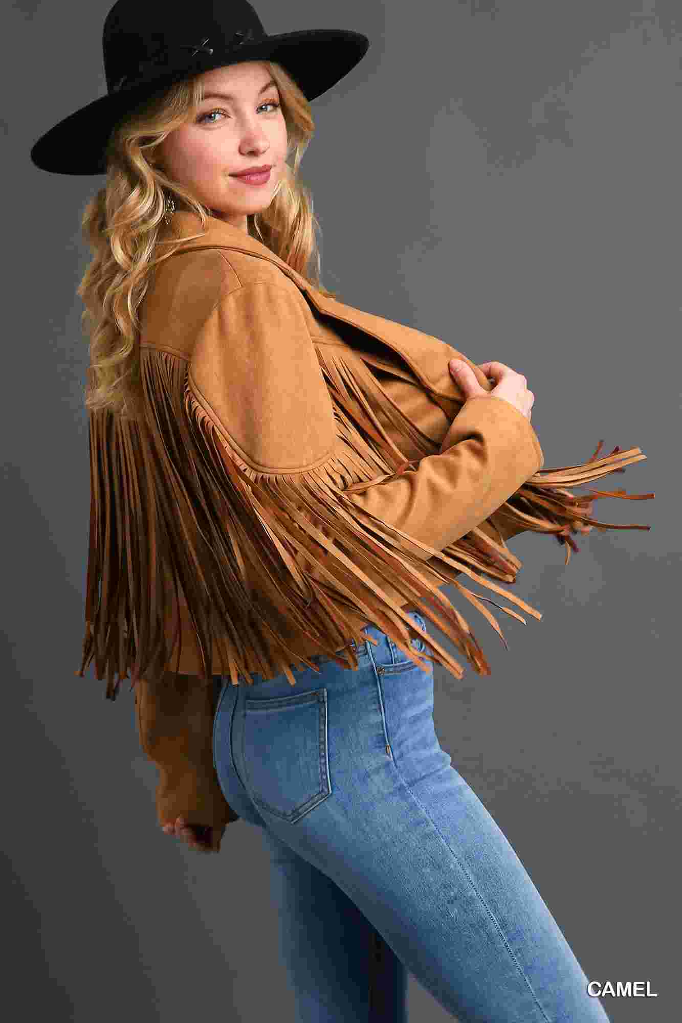 Faux Suede Open Front Jacket with Fringe by Umgee