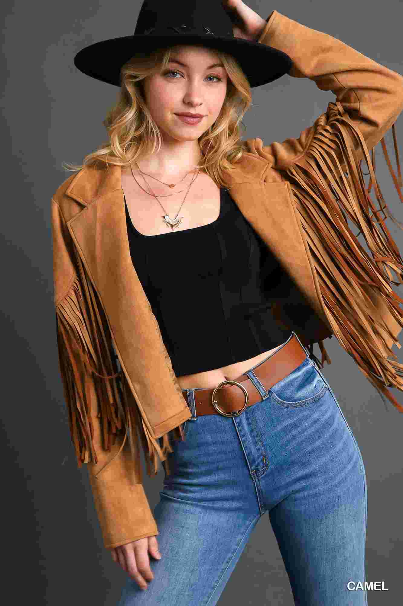Faux Suede Open Front Jacket with Fringe by Umgee