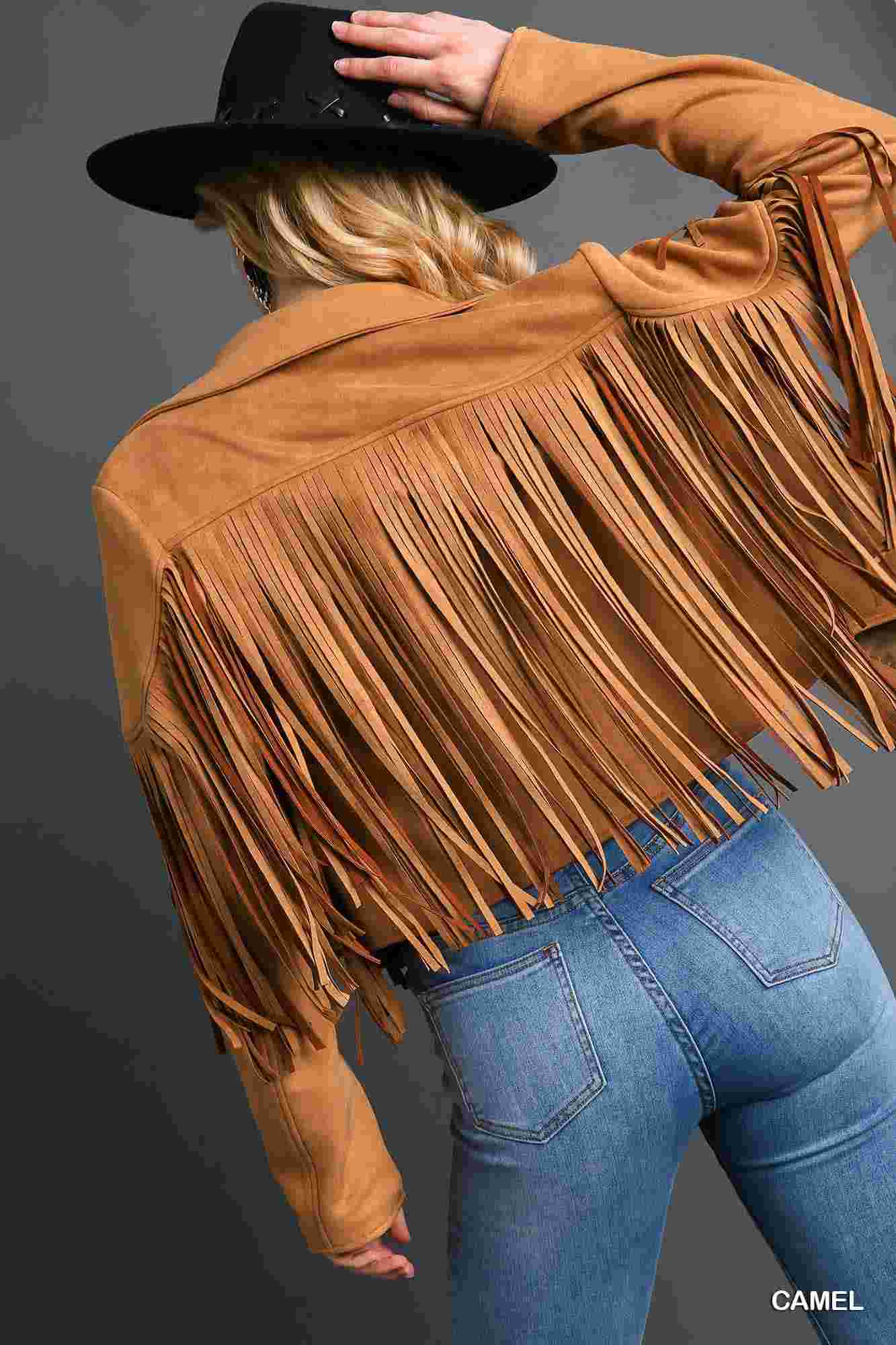 Faux Suede Open Front Jacket with Fringe by Umgee