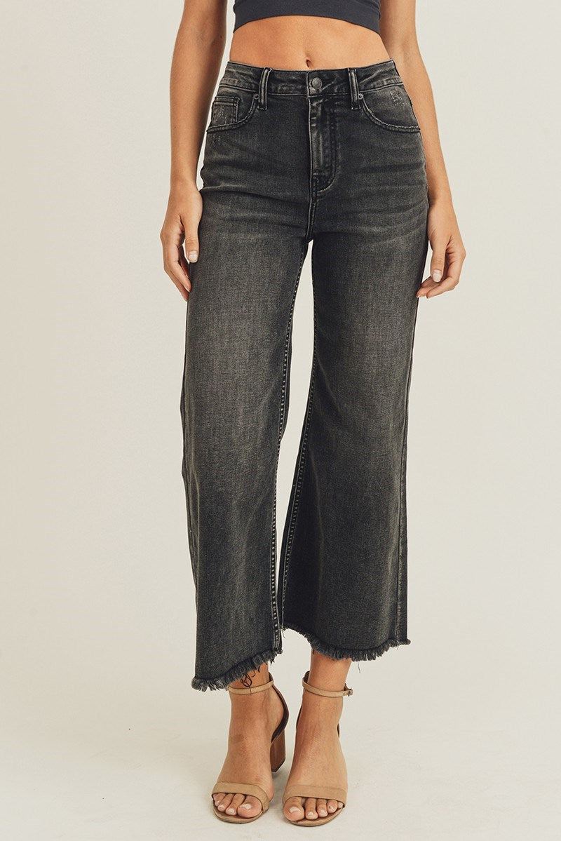 High Rise Frayed Ankle Crop Wide Leg Jeans by Risen Jeans