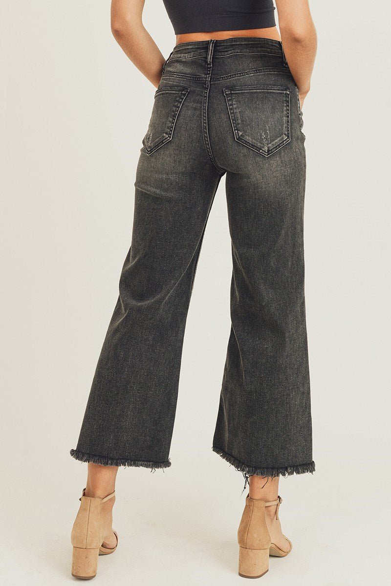 High Rise Frayed Ankle Crop Wide Leg Jeans by Risen Jeans