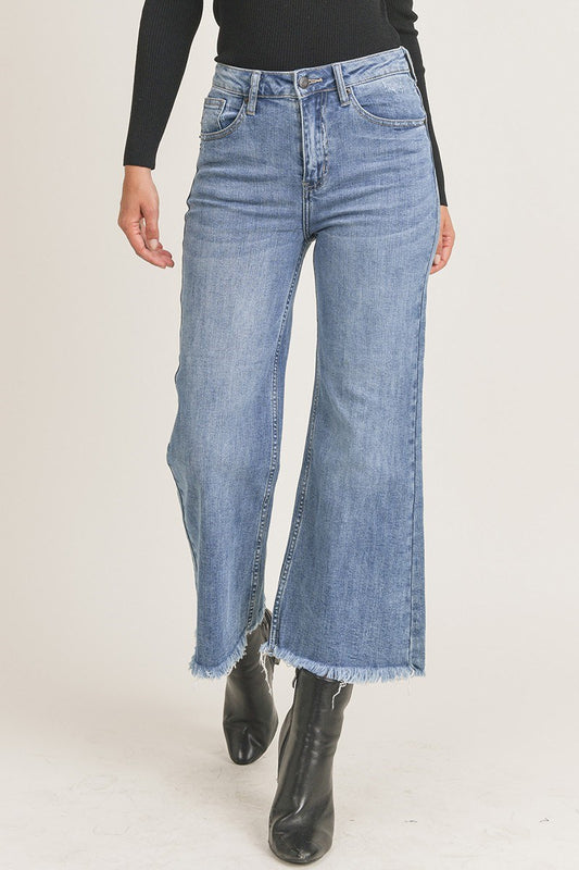 High Rise Frayed Ankle Crop Wide Leg Jeans by Risen Jeans