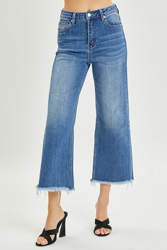 High Rise Frayed Ankle Crop Wide Leg Jeans by Risen Jeans