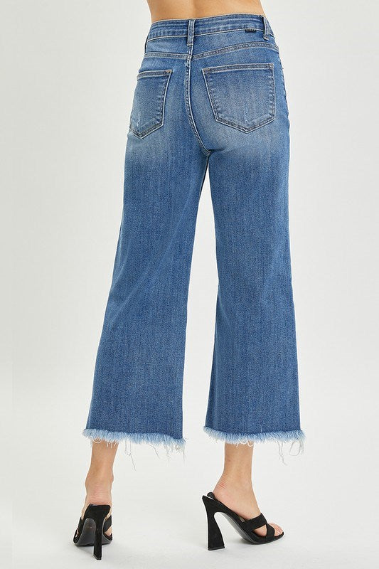 High Rise Frayed Ankle Crop Wide Leg Jeans by Risen Jeans
