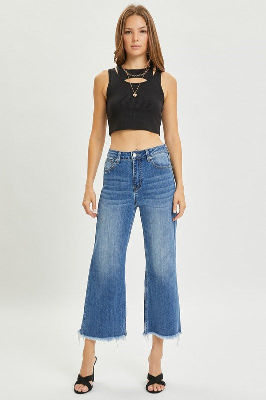 High Rise Frayed Ankle Crop Wide Leg Jeans by Risen Jeans