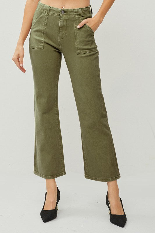 High Rise Patch Pockets Ankle Flare Crop Jeans in Moss by Risen Jeans