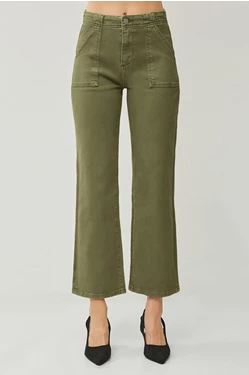 High Rise Patch Pockets Ankle Flare Crop Jeans in Moss by Risen Jeans