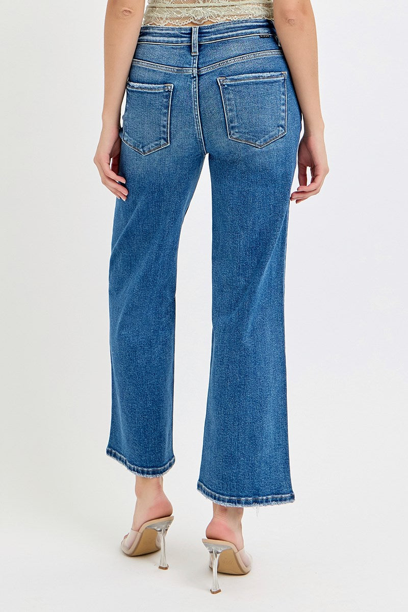 Tummy Control High Rise Crop Wide Leg Jeans in Dark Blue Denim by Risen Jeans
