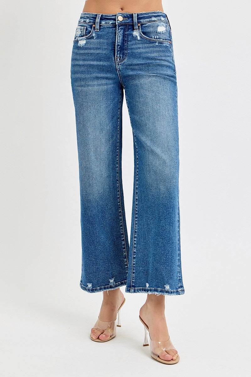 Tummy Control High Rise Crop Wide Leg Jeans in Dark Blue Denim by Risen Jeans