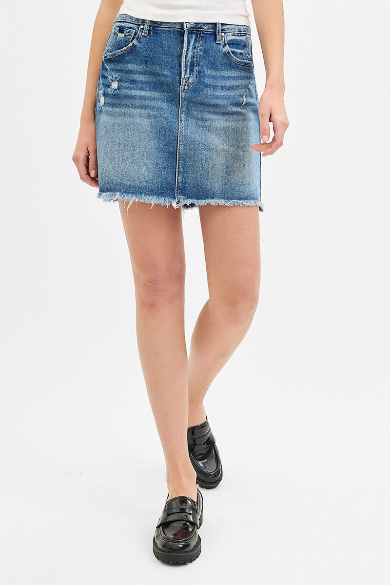 Mid Waist Pencil Skirt in Medium Blue by Risen Jeans