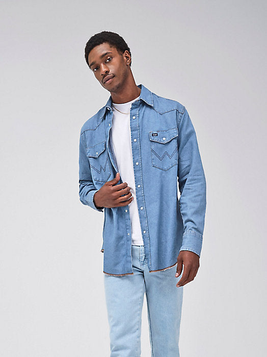 Wrangler Cowboy Cut® Long-Sleeve Western Denim Snap Work Shirt in Stonewash