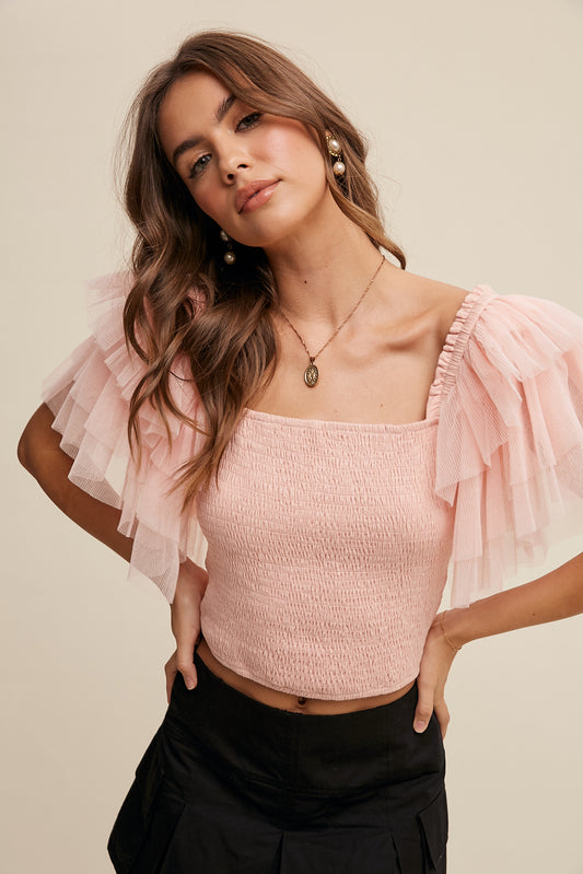 Tiered Ruffle Sleeve Smocked Square Neck Crop Top in Blush Pink by Listicle