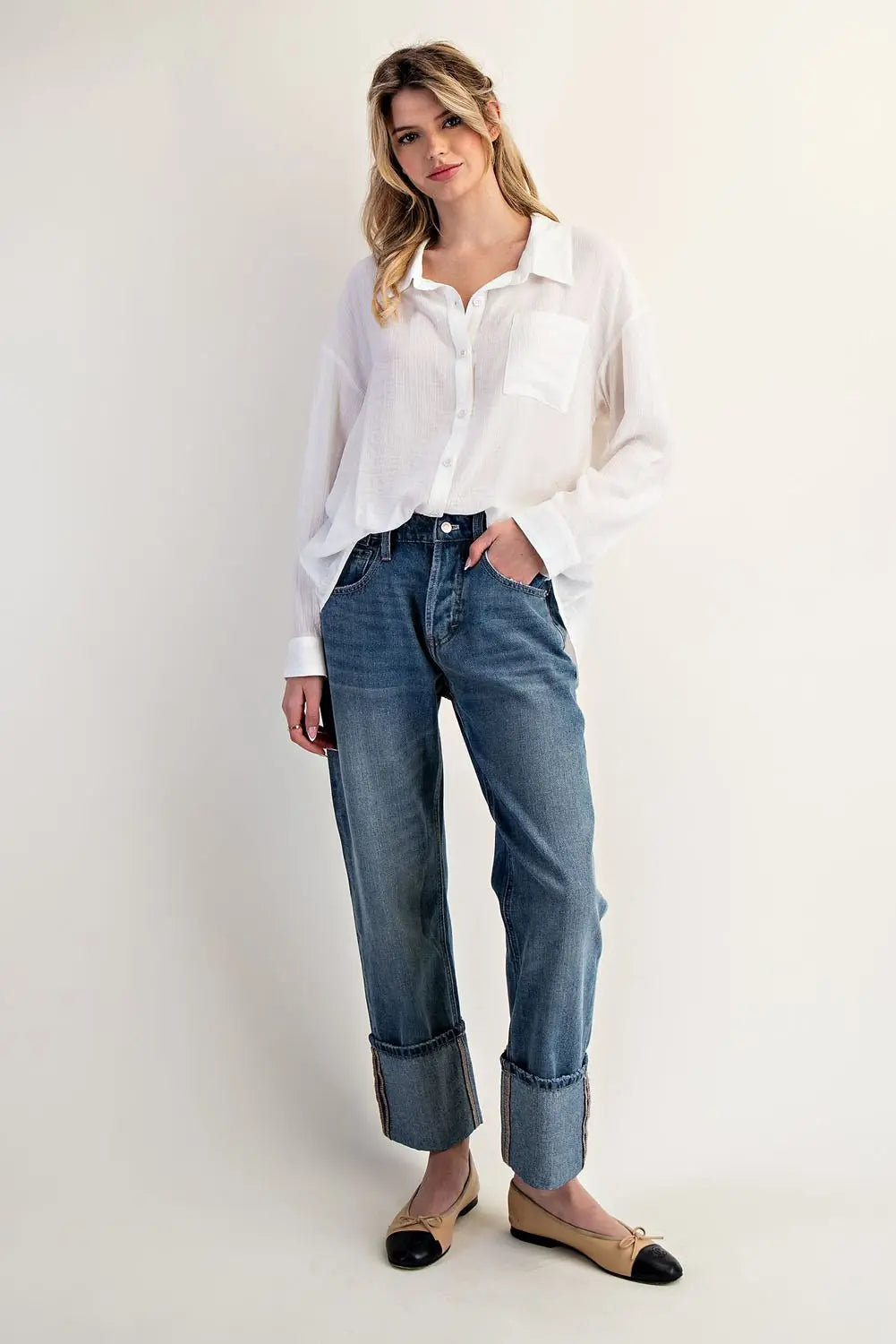Button Down Long Sleeve Shirt in Off White by ee:some