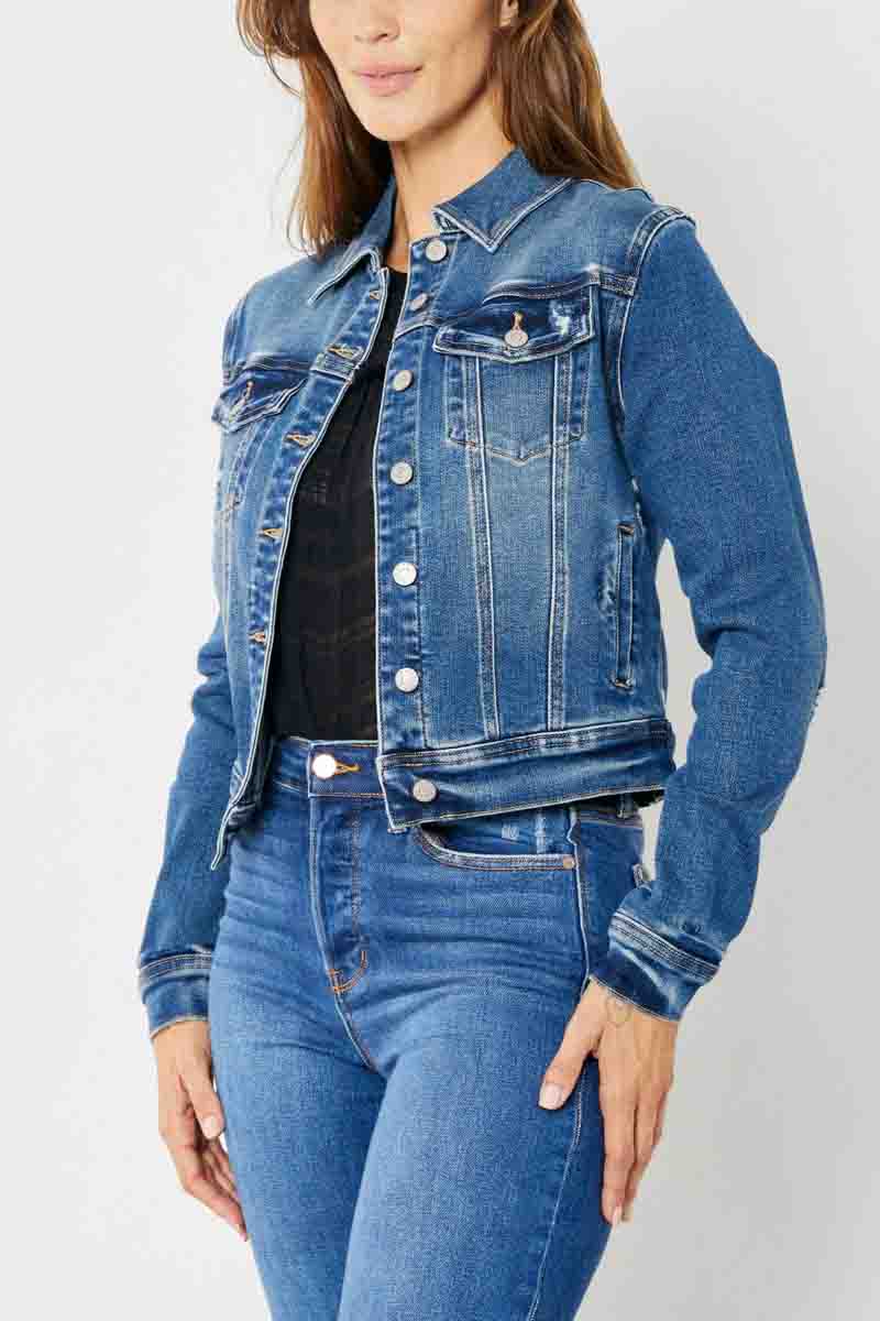 Classic Destroy Denim Jacket in Dark by Judy Blue