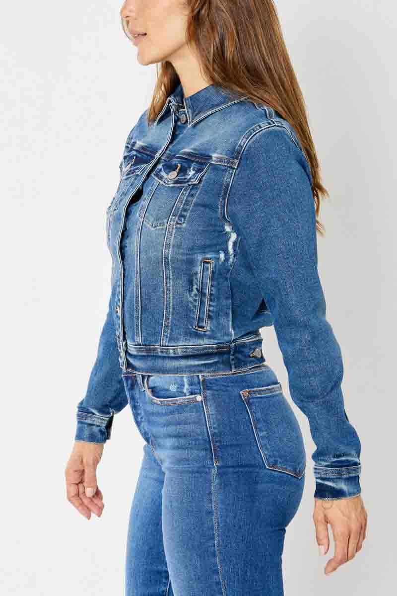 Classic Destroy Denim Jacket in Dark by Judy Blue