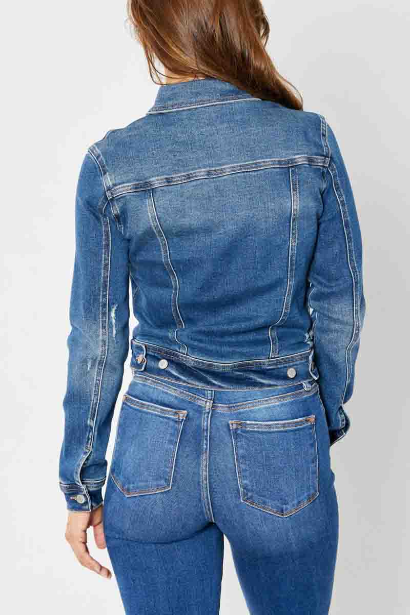 Classic Destroy Denim Jacket in Dark by Judy Blue
