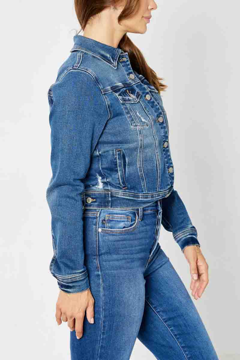 Classic Destroy Denim Jacket in Dark by Judy Blue