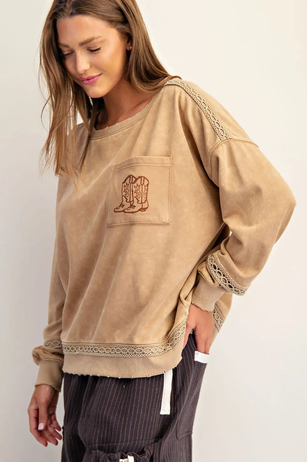 Mineral Washed Boot Motif Long Sleeve Sweatshirt in Mocha Mousse by ee:some