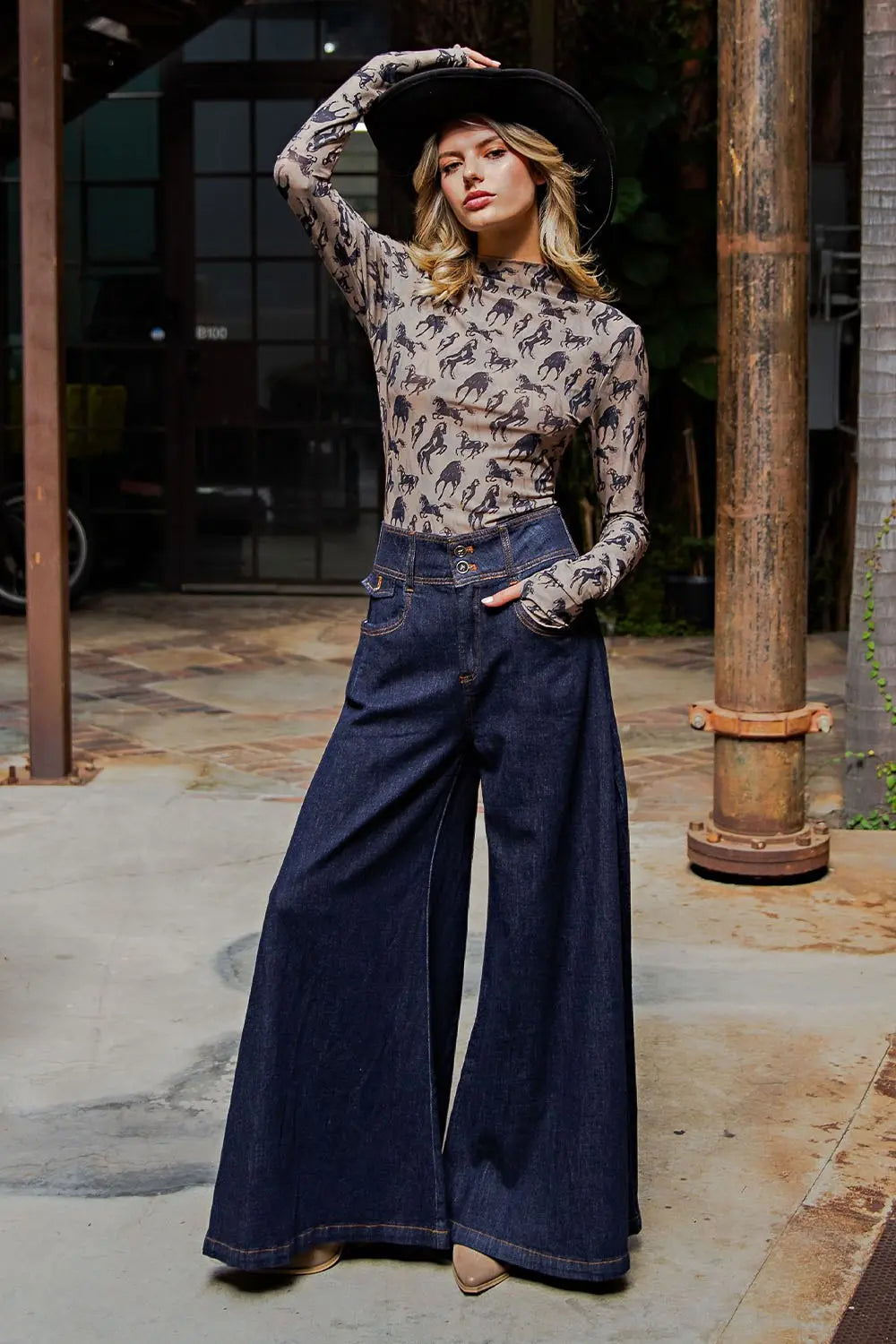 Mesh Western Horse Graphic Top in Taupe by ee:some