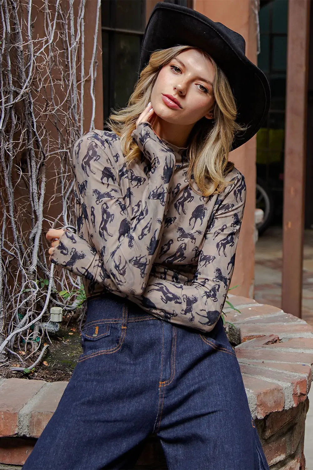 Mesh Western Horse Graphic Top in Taupe by ee:some