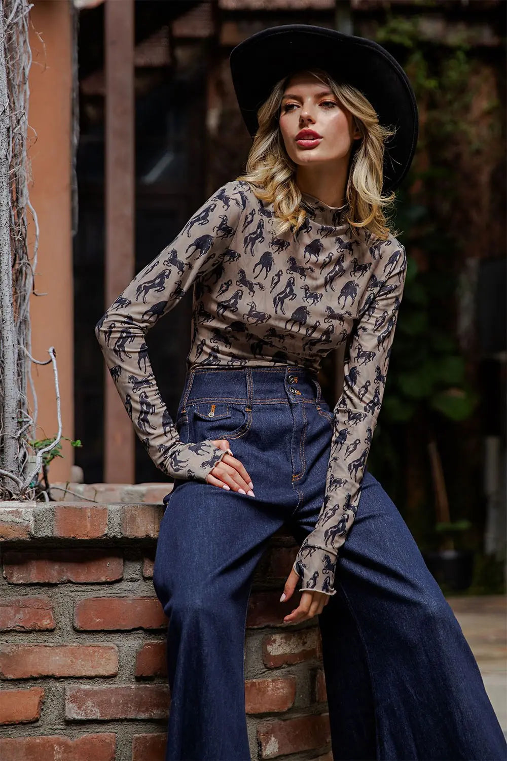 Mesh Western Horse Graphic Top in Taupe by ee:some