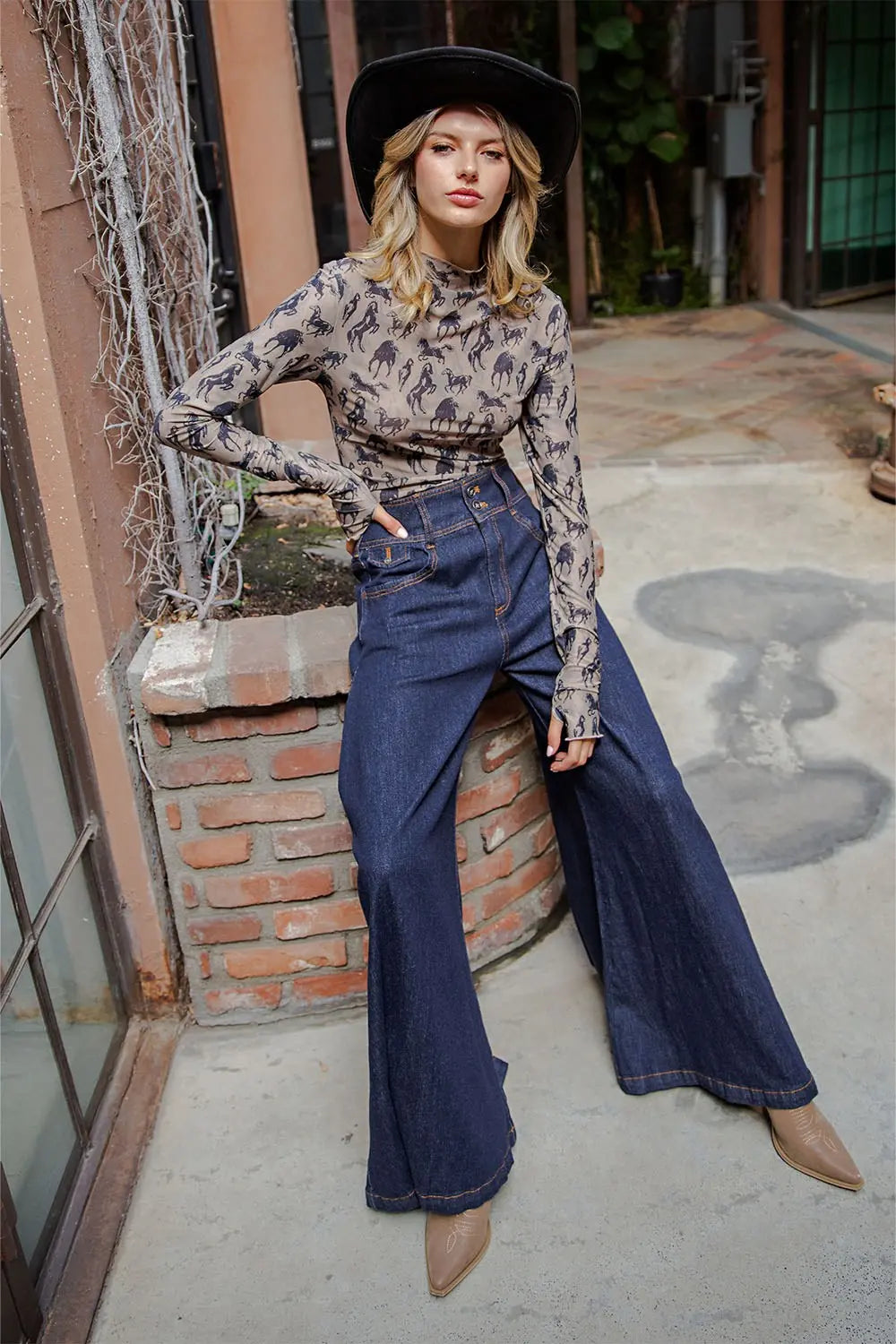 Mesh Western Horse Graphic Top in Taupe by ee:some