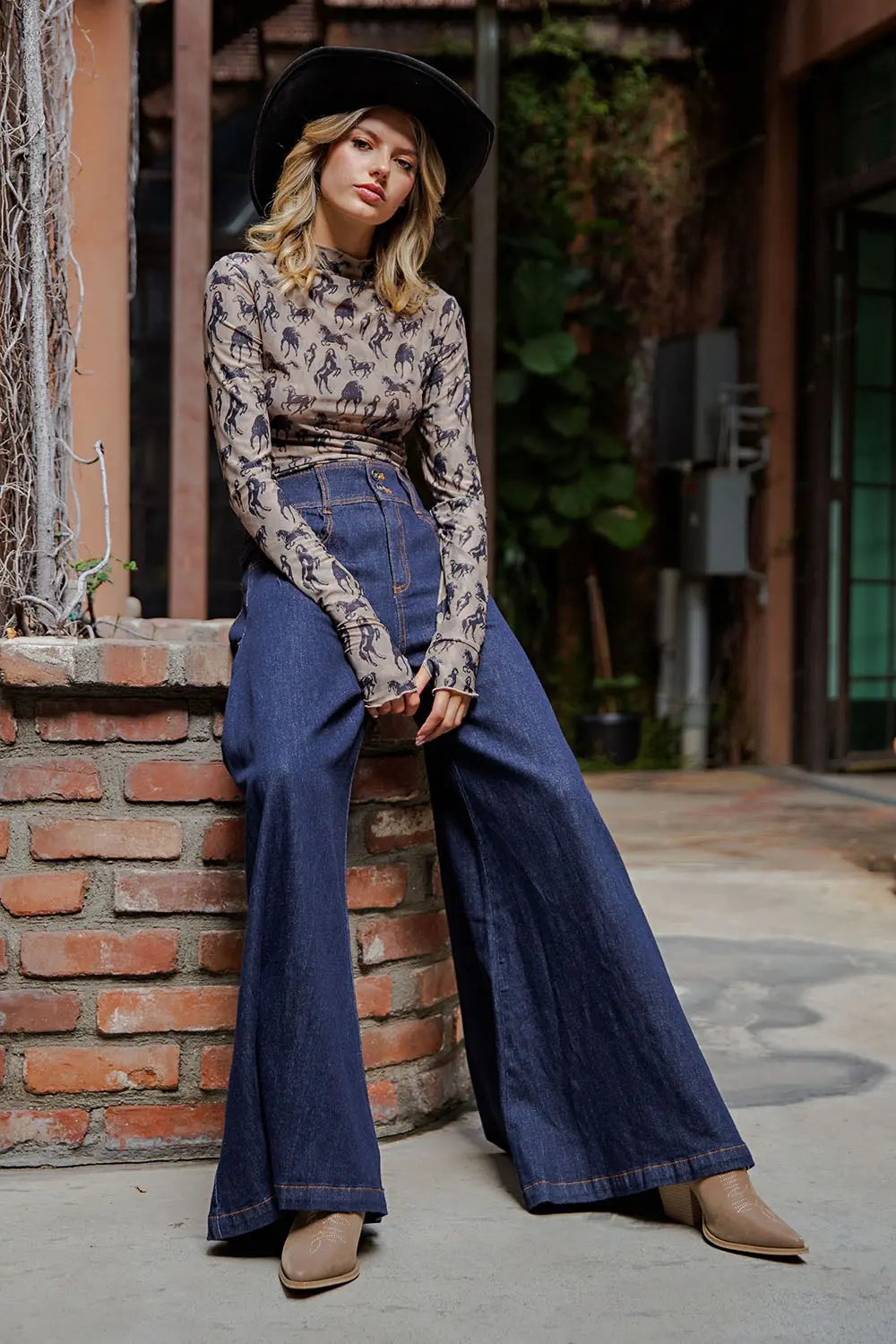 Mesh Western Horse Graphic Top in Taupe by ee:some
