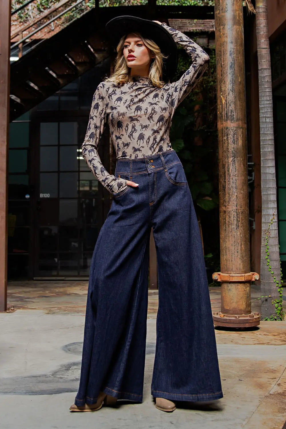 Mesh Western Horse Graphic Top in Taupe by ee:some