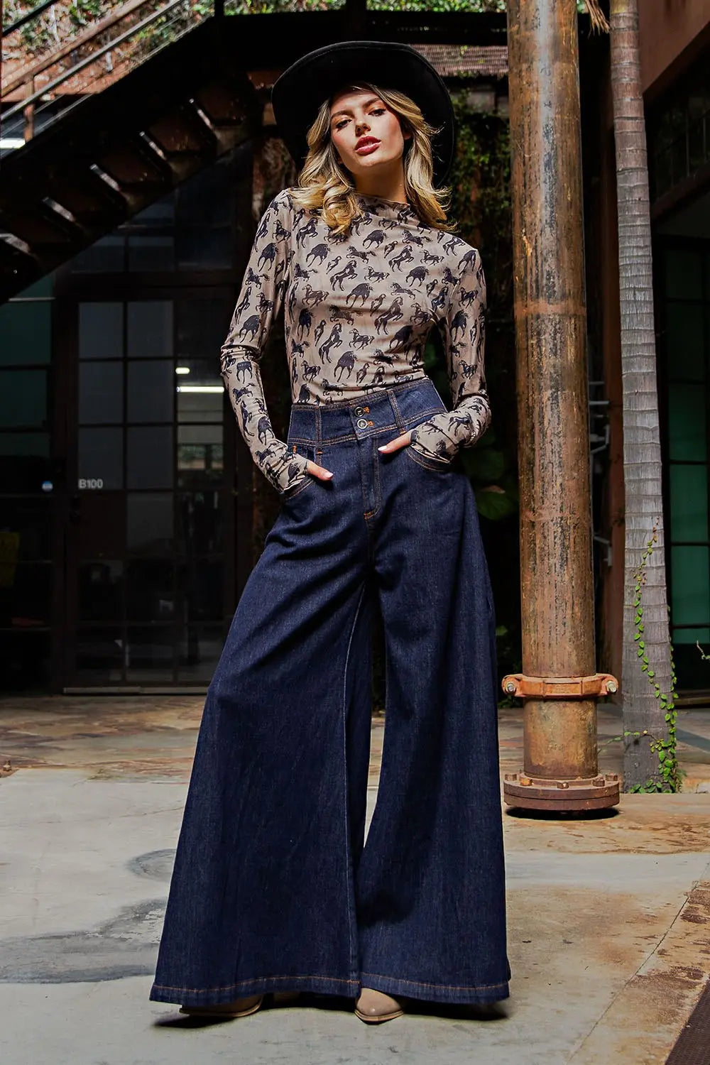 Mesh Western Horse Graphic Top in Taupe by ee:some