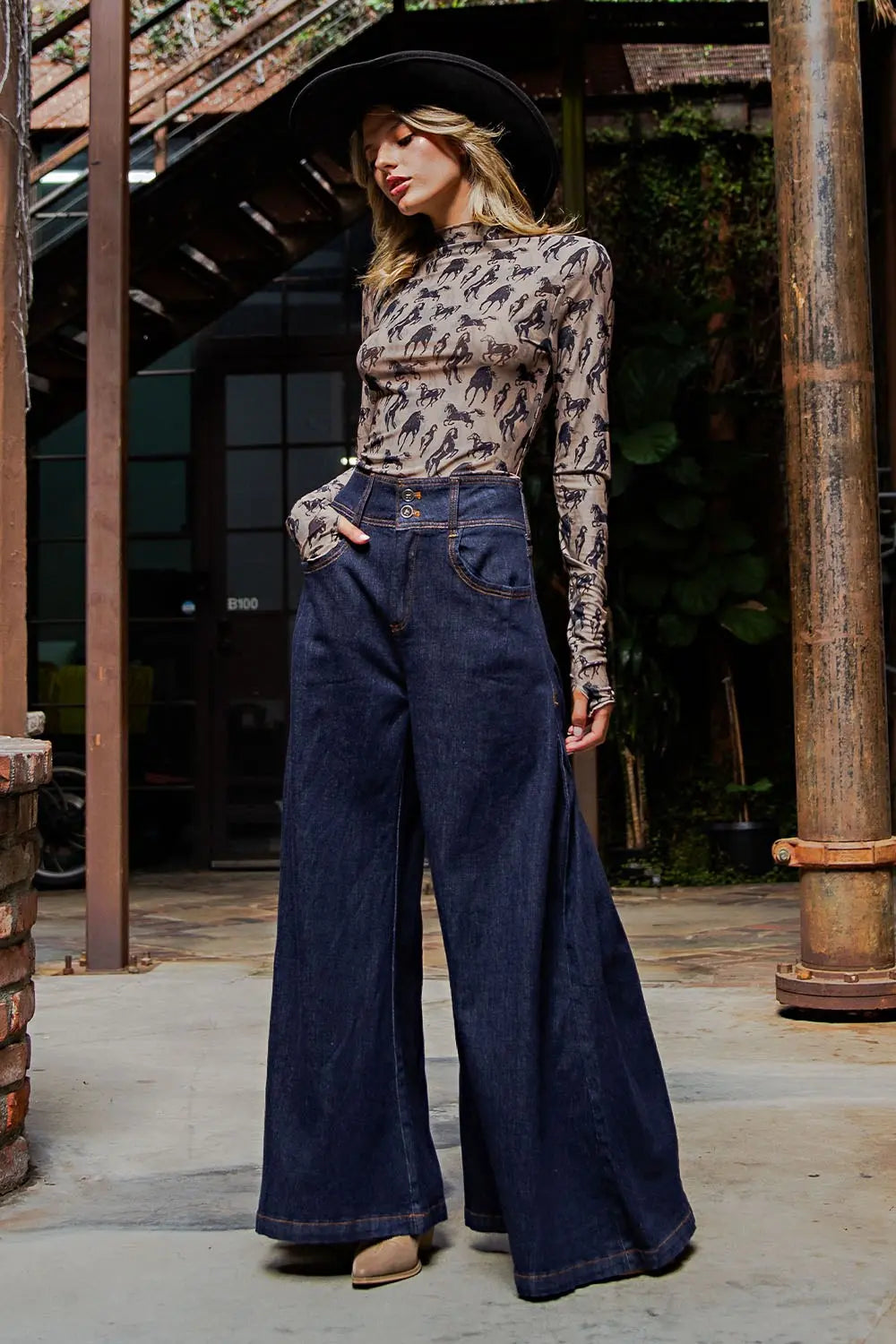 Mesh Western Horse Graphic Top in Taupe by ee:some