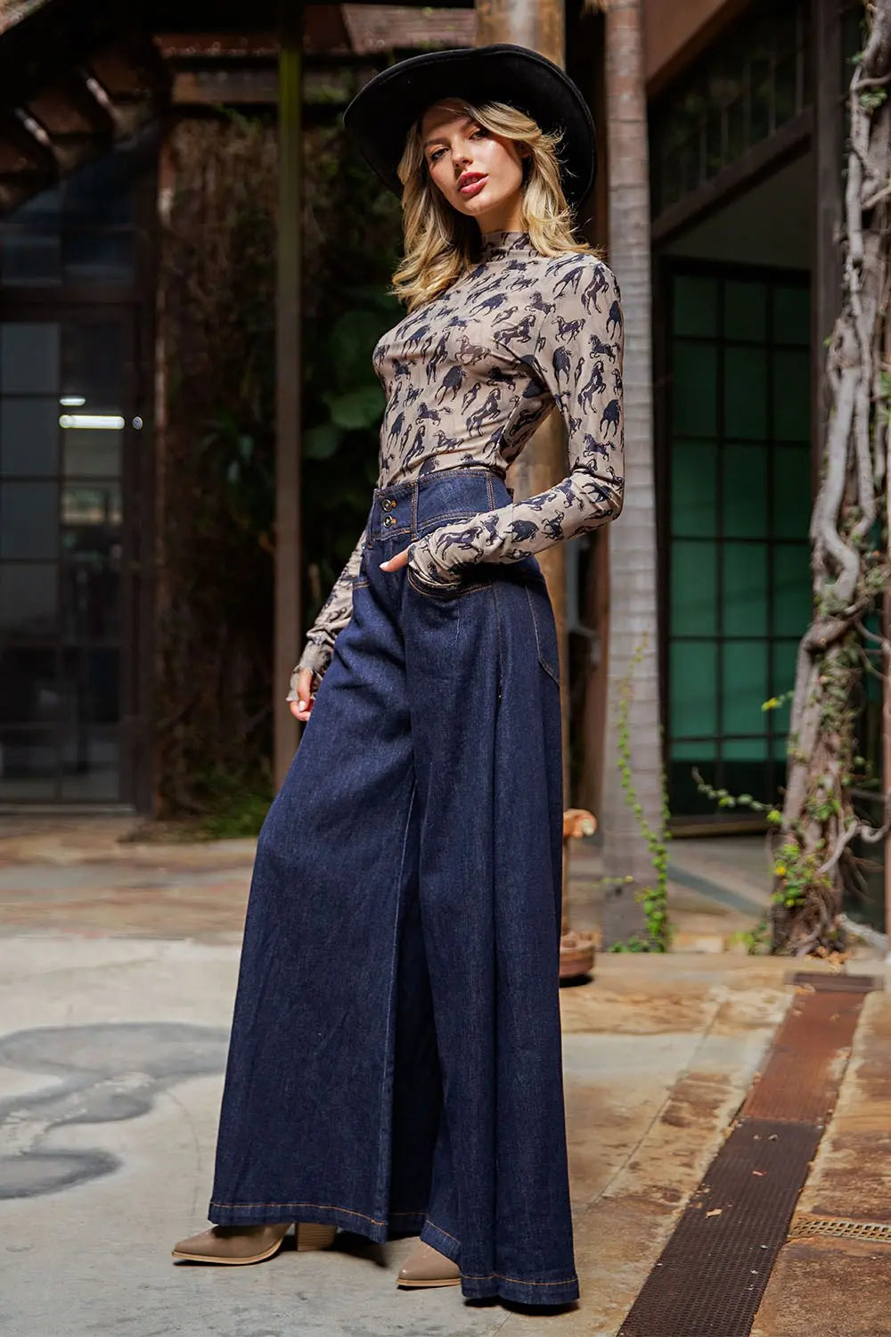 Mesh Western Horse Graphic Top in Taupe by ee:some