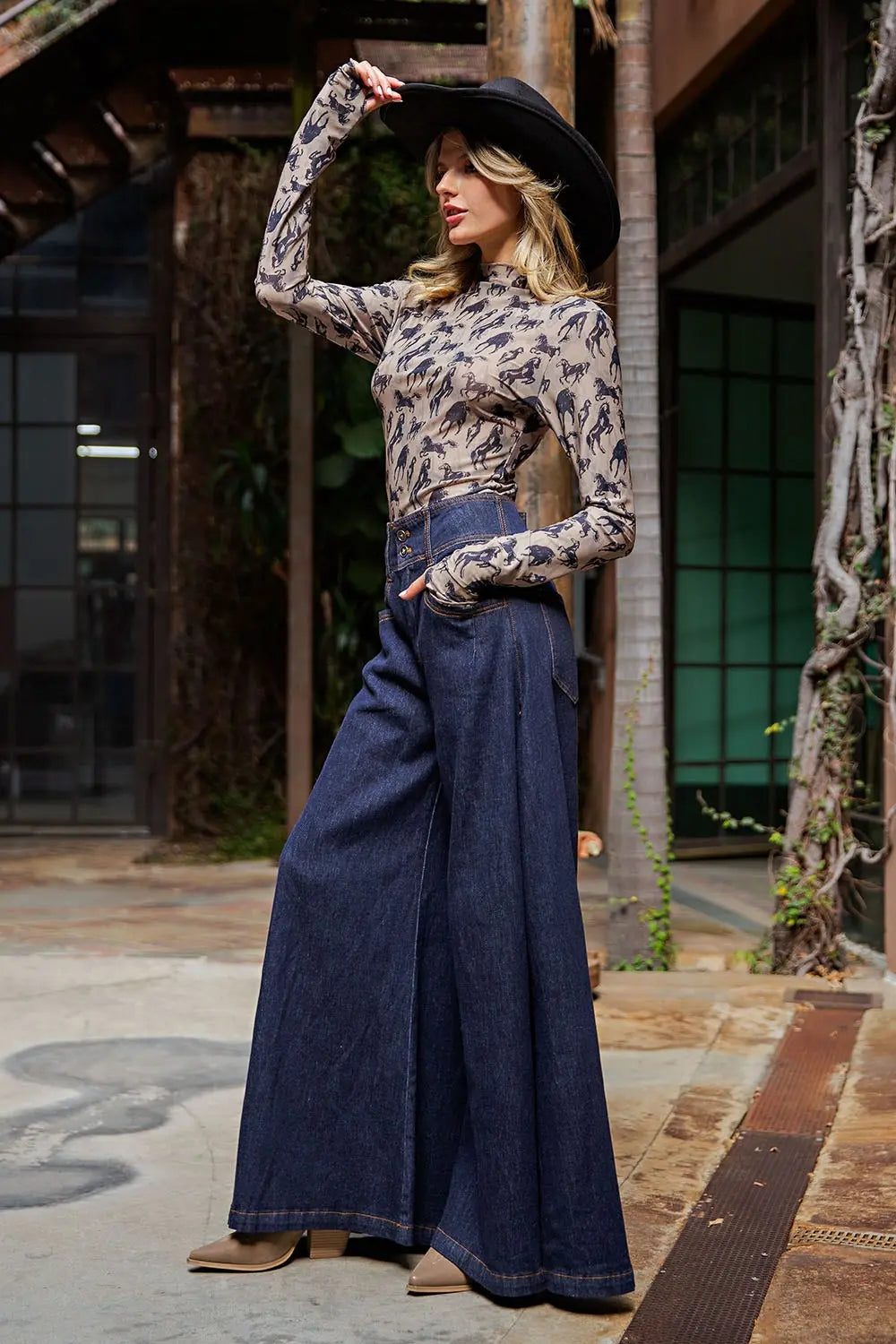 Mesh Western Horse Graphic Top in Taupe by ee:some