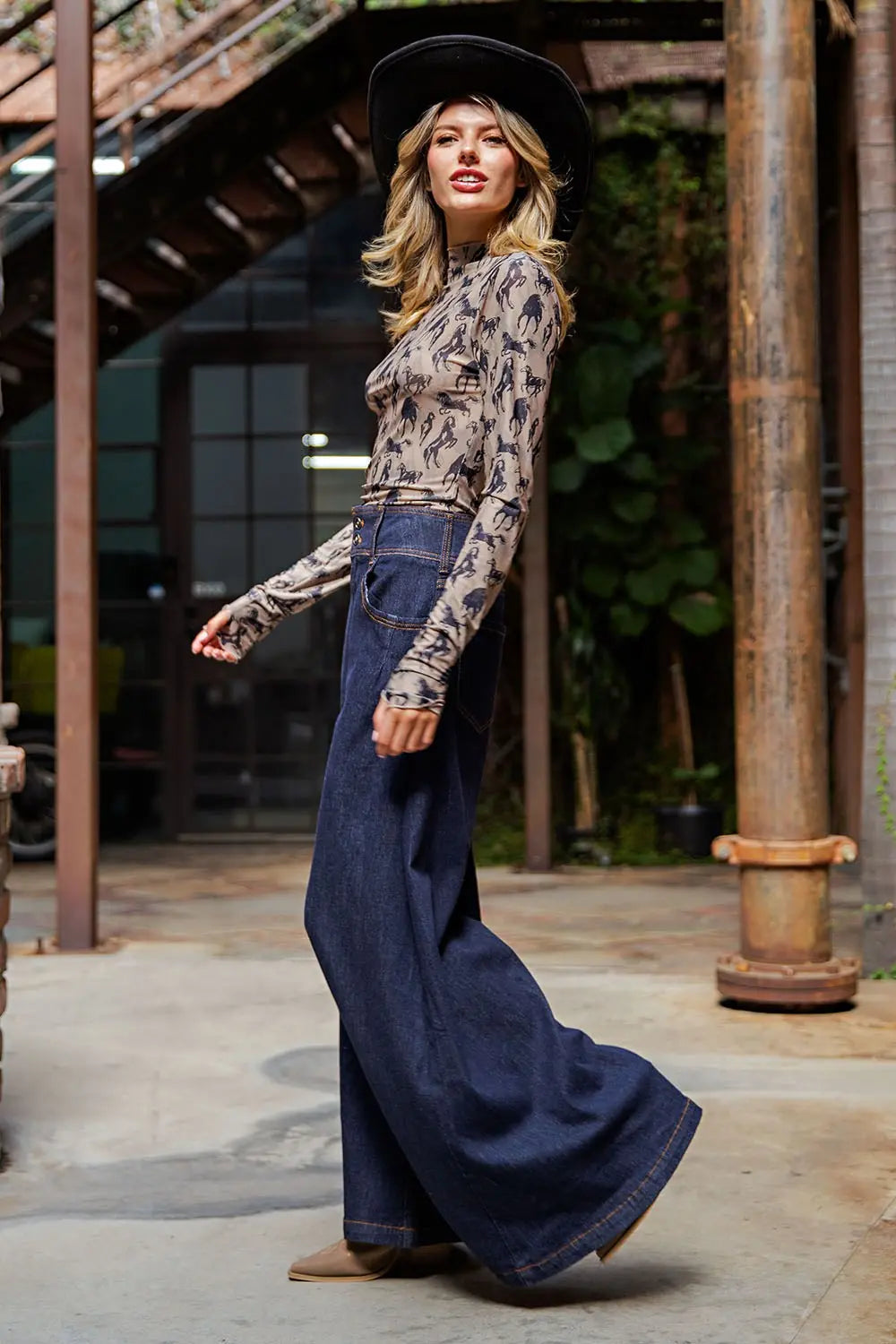 Mesh Western Horse Graphic Top in Taupe by ee:some