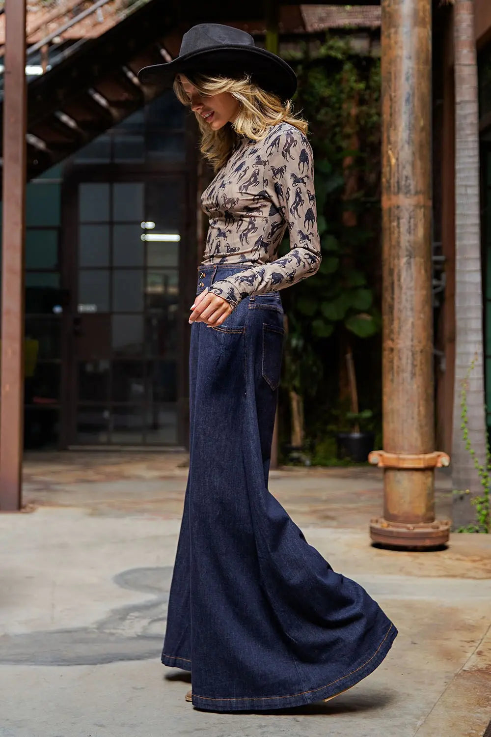 Mesh Western Horse Graphic Top in Taupe by ee:some
